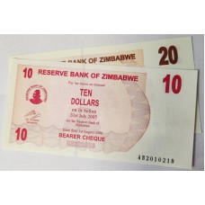ZIMBABWE 2007 . TEN 10 and TWENTY 20 DOLLARS BANKNOTES